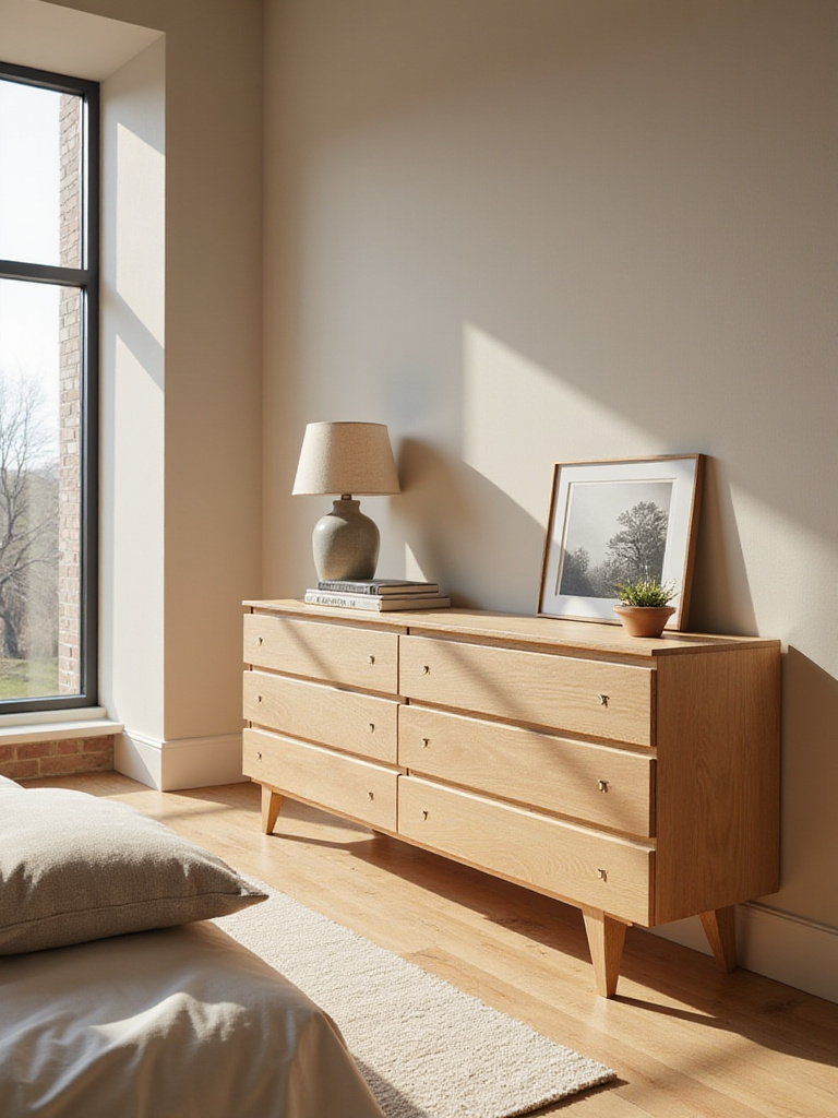 Spacious bedroom featuring a light oak horizontal dresser with decorative items on top.