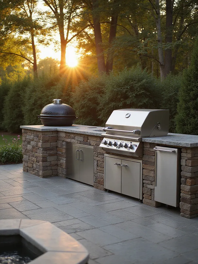 Outdoor kitchen featuring a stainless steel gas grill and a kamado grill.