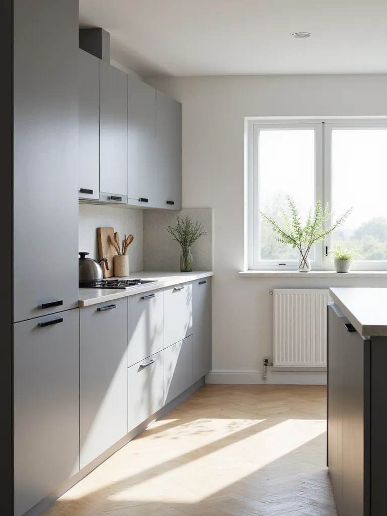 Modern kitchen design featuring sleek, gray handleless cabinets with integrated J-pulls.