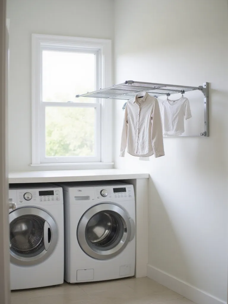 Modern laundry room with wall-mounted folding drying rack for delicate clothing.