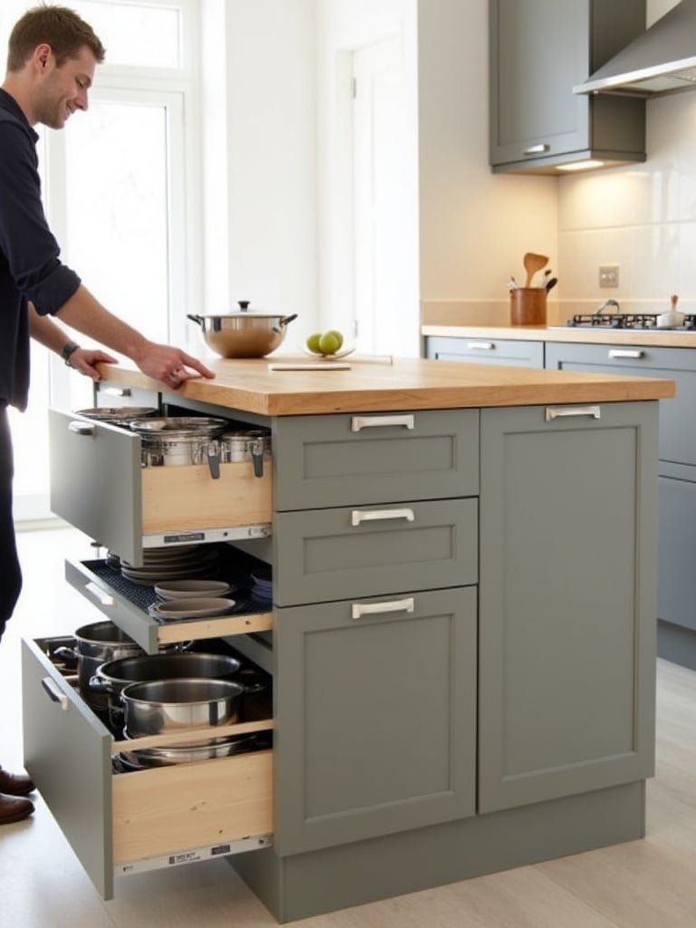 Small kitchen island with drawers and cabinets providing hidden storage for pots, pans, and dishes.