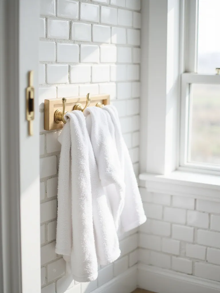 Small bathroom with gold hooks holding folded white towels on a white subway tile wall.