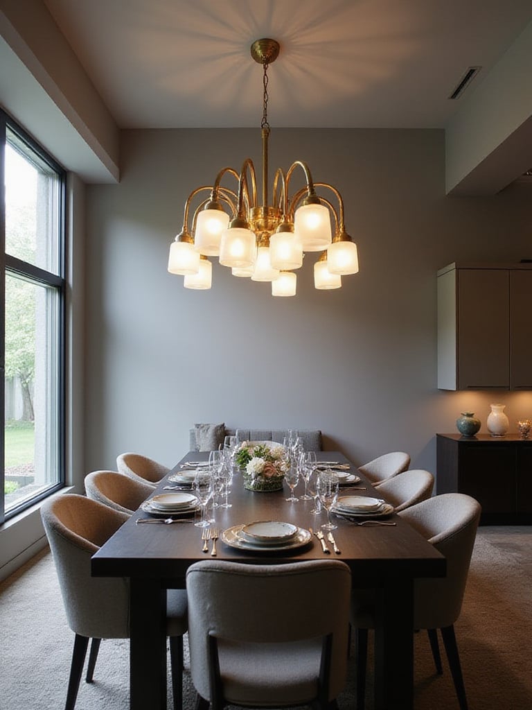 Modern dining room with a statement brass and glass chandelier illuminating a dark wood dining table.