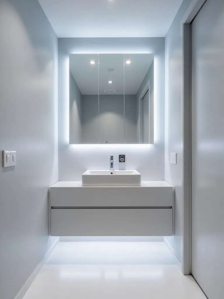 Small modern bathroom with layered lighting: backlit mirror, recessed lights, and under-vanity LED strips.