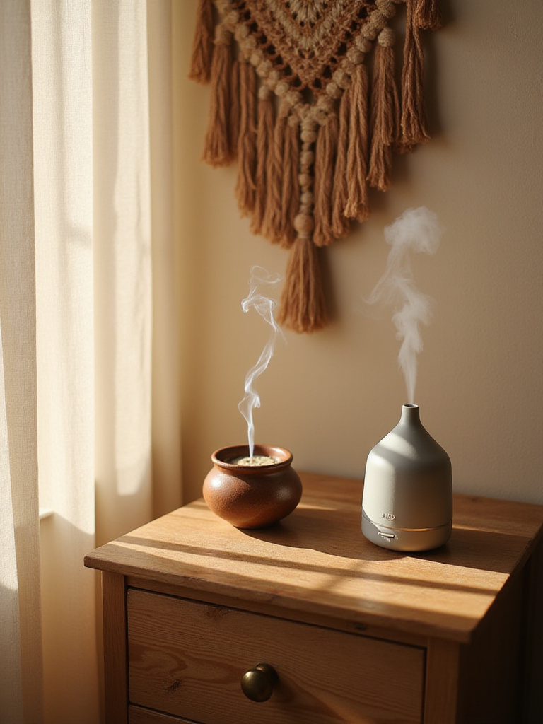 Boho bedroom nightstand featuring a ceramic incense burner and essential oil diffuser.