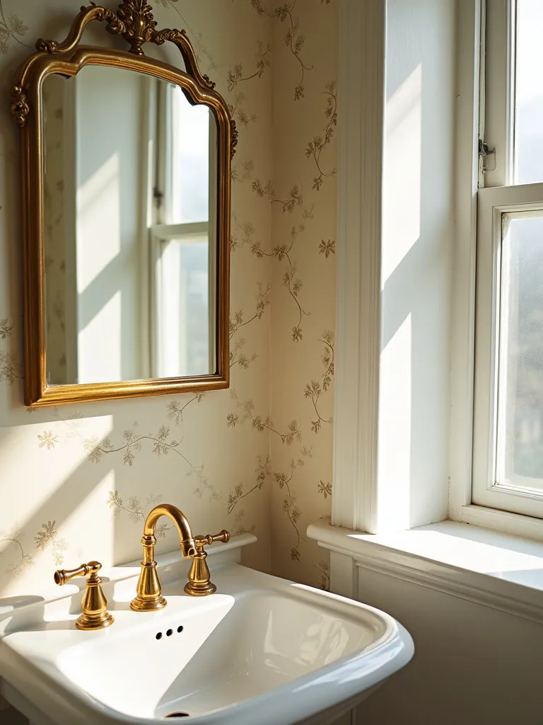 Vintage bathroom wallpaper with gold floral accents and brass fixtures