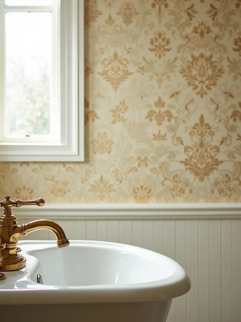 Vintage bathroom with cream and gold damask wallpaper.