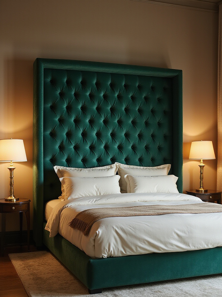 Luxurious bedroom with emerald green velvet tufted upholstered headboard