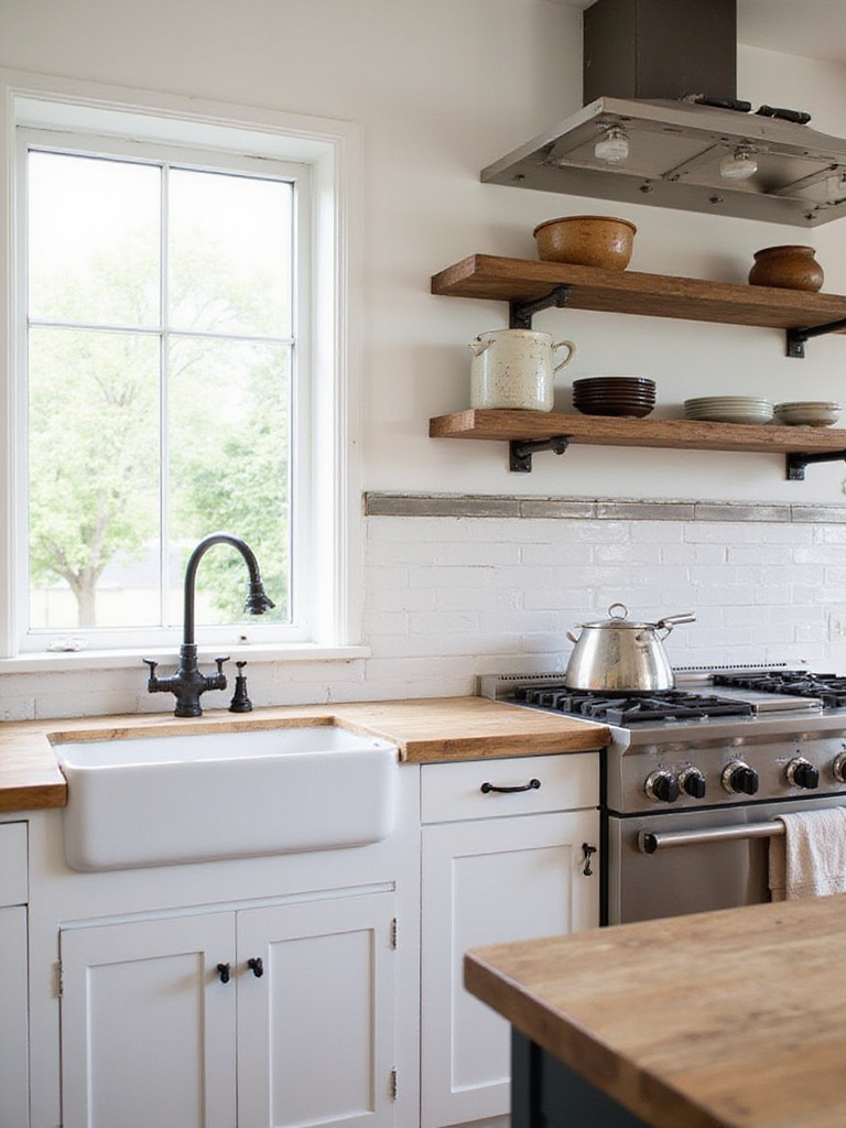 Farmhouse kitchen backsplash with white subway tile and stainless steel accent, featuring reclaimed corrugated metal above the stove.