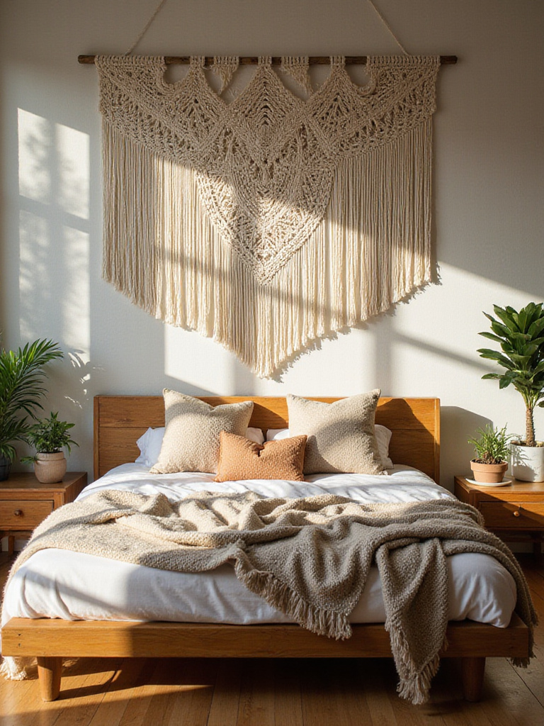 Boho bedroom with intricate macrame wall hanging above platform bed