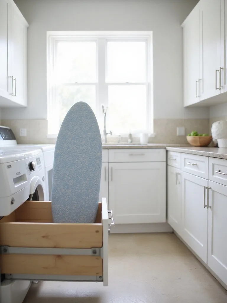 Laundry room design with a pull-out drawer for ironing board storage