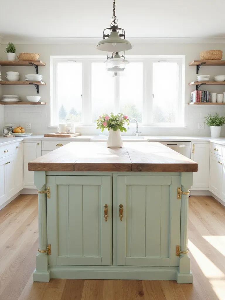 Farmhouse kitchen island with sage green cabinets and butcher block countertop.