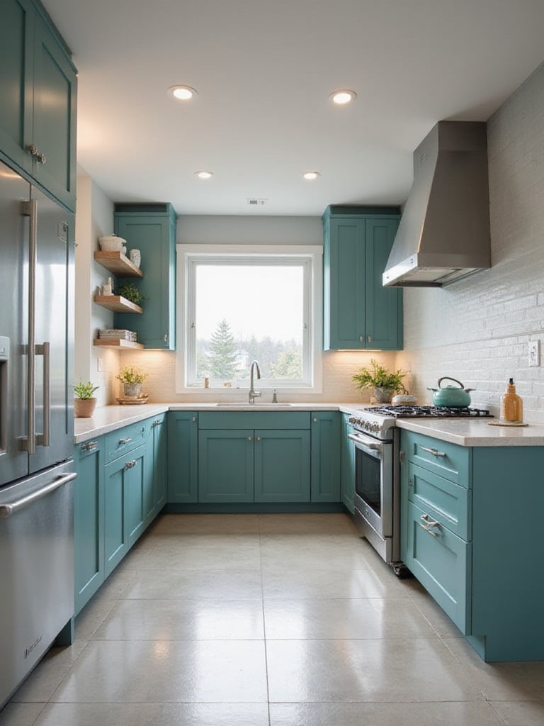 Teal kitchen cabinets with light countertops and stainless steel appliances.