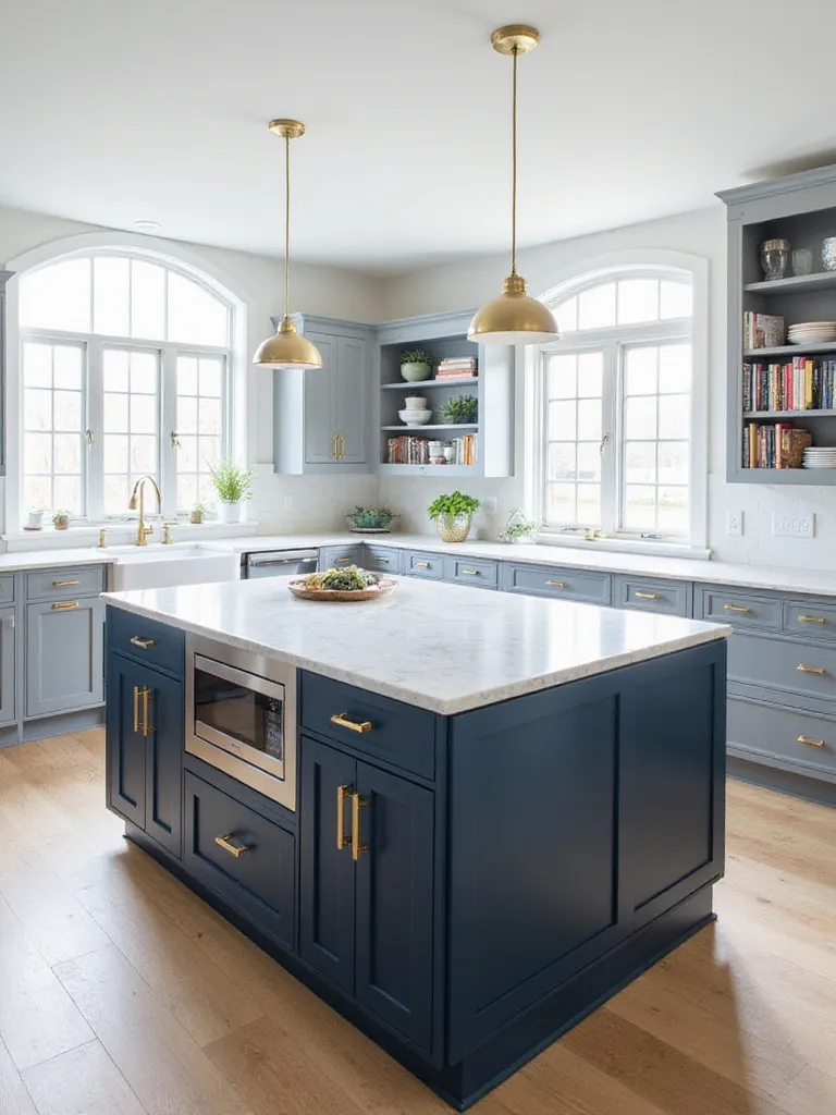 Modern kitchen island with dark blue shaker cabinets, white quartz waterfall countertop, and brushed gold hardware.