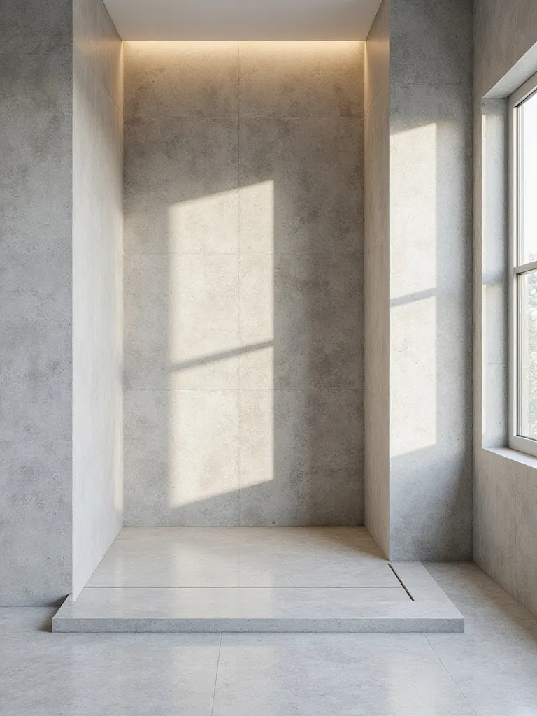 Modern luxury bathroom with seamless large format porcelain tile shower