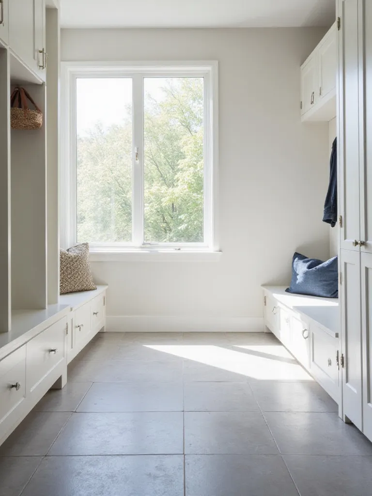 Large format gray porcelain tiles minimize grout lines in a modern mudroom, creating a clean and spacious look.