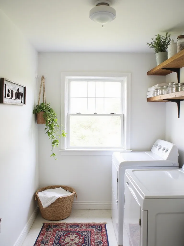Stylish laundry room with decorative shelving, colorful rug, and vintage accents