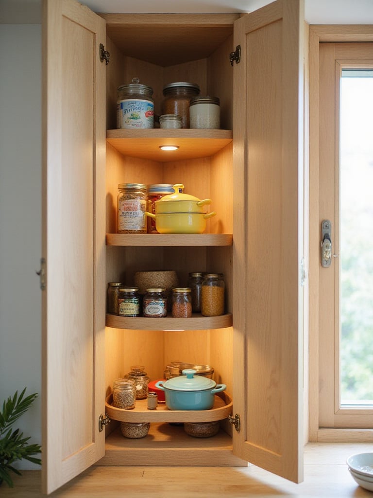 Two-tiered wooden Lazy Susan organizing cookware and spices inside a corner kitchen cabinet.