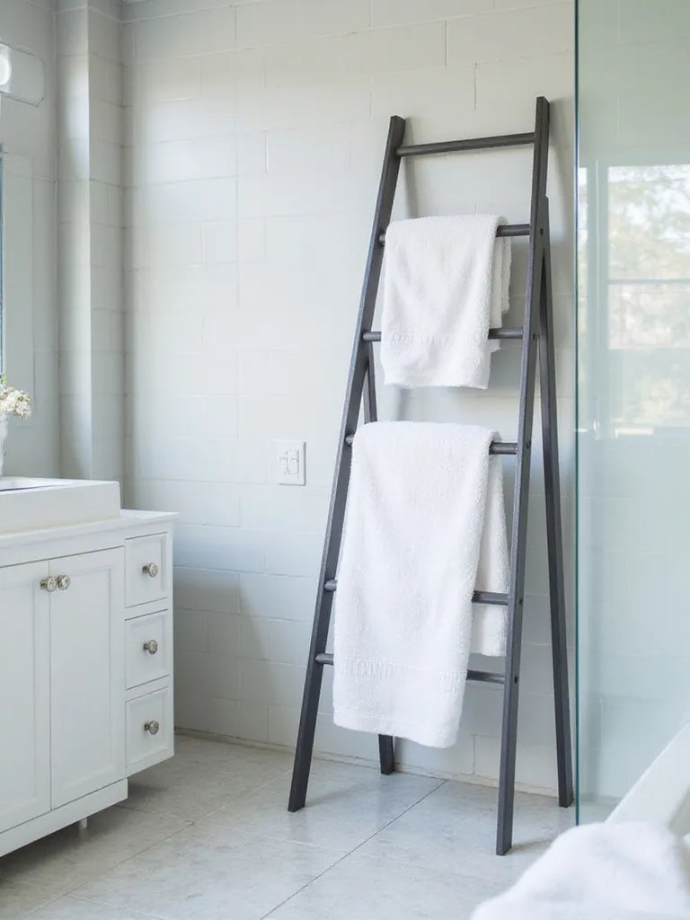 Modern bathroom with a sleek black towel ladder holding fluffy white towels, maximizing space and style.