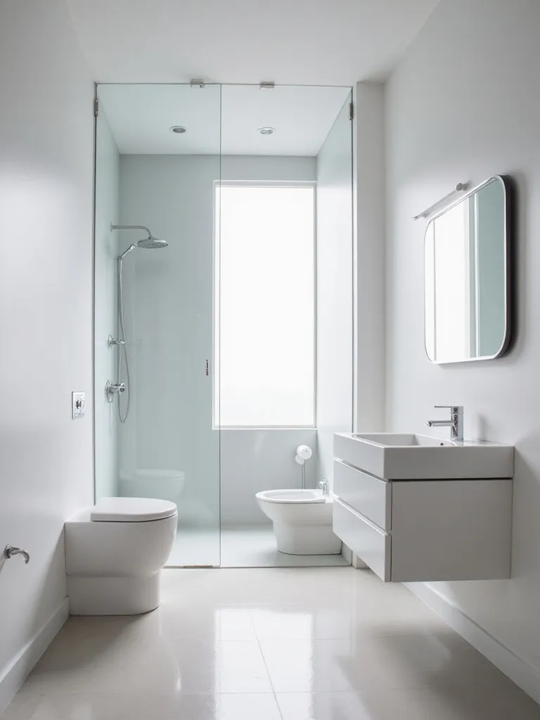 Serene minimalist bathroom design in a small space, featuring white walls, floating vanity, and frameless shower.