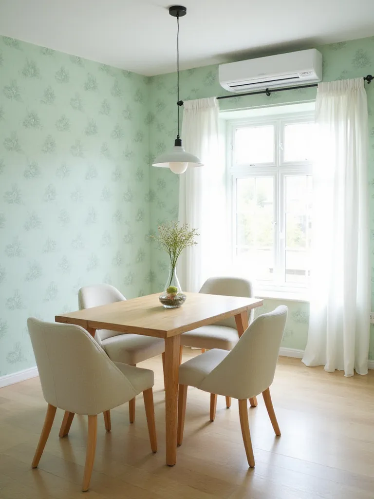 Dining room with pastel mint green botanical wallpaper, light wood table, and cream-colored chairs.