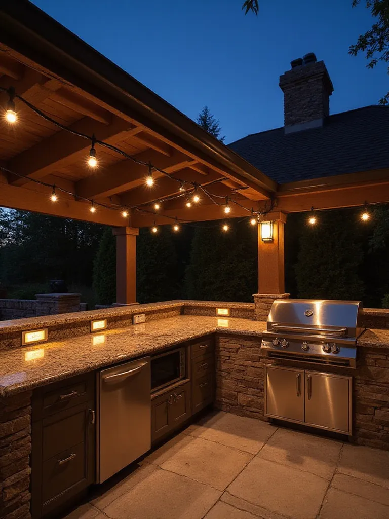 Outdoor kitchen illuminated with string lights, under-cabinet lighting, and spotlights for evening ambiance.