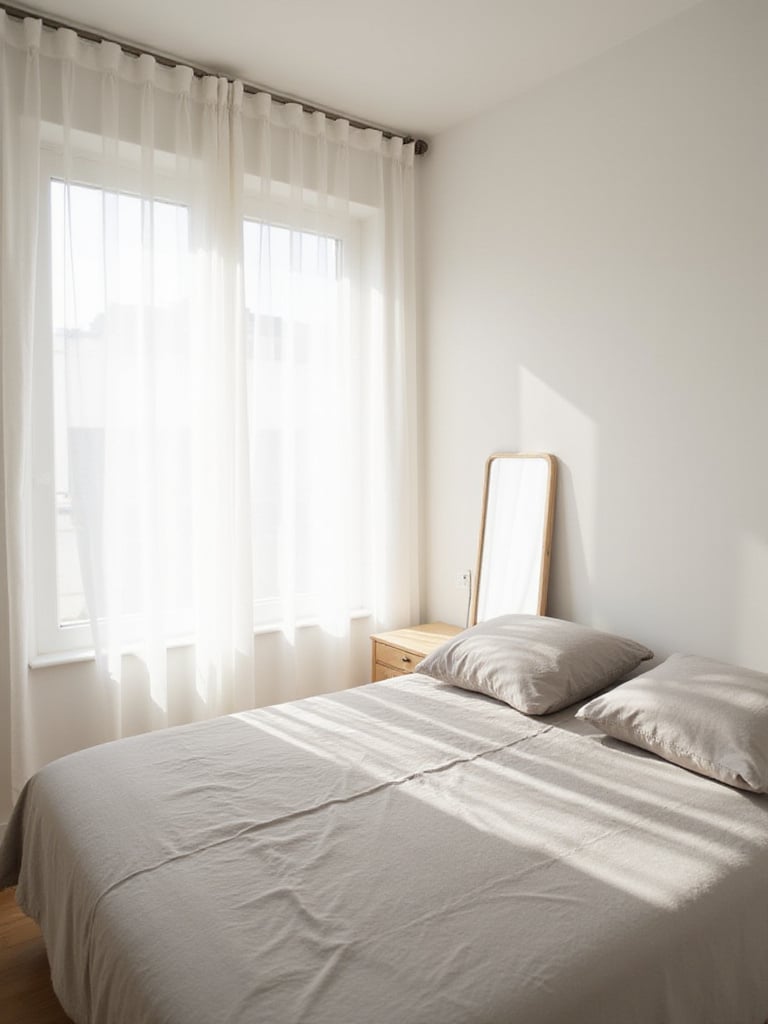 Small bedroom with light-colored walls, furniture, and bedding, creating a bright and spacious feel.