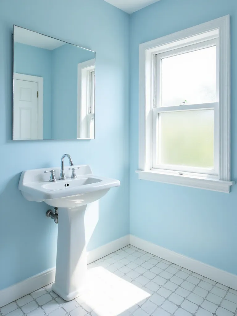 Small bathroom with light blue walls and white subway tile, creating a bright and spacious feeling.