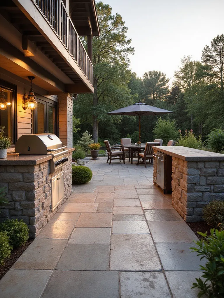 Luxurious outdoor kitchen on a stone patio seamlessly integrated with a modern home.