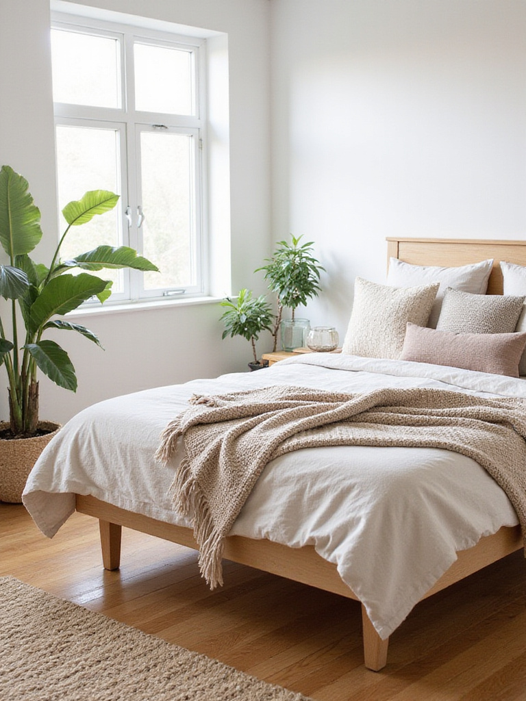 Boho bedroom with low-profile wooden bed frame, linen bedding, and woven rug.