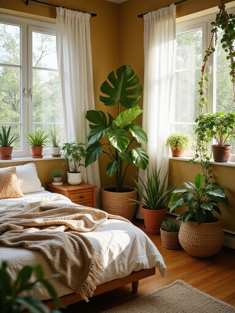 Boho bedroom filled with lush potted plants, creating a green oasis.