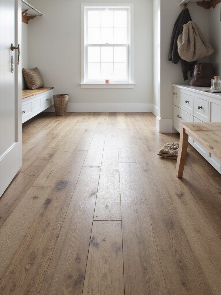 Luxury vinyl plank flooring in a mudroom, mimicking reclaimed wood with a herringbone pattern.