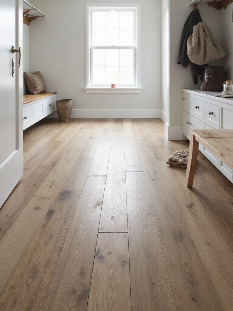 Luxury vinyl plank flooring in a mudroom, mimicking reclaimed wood with a herringbone pattern.