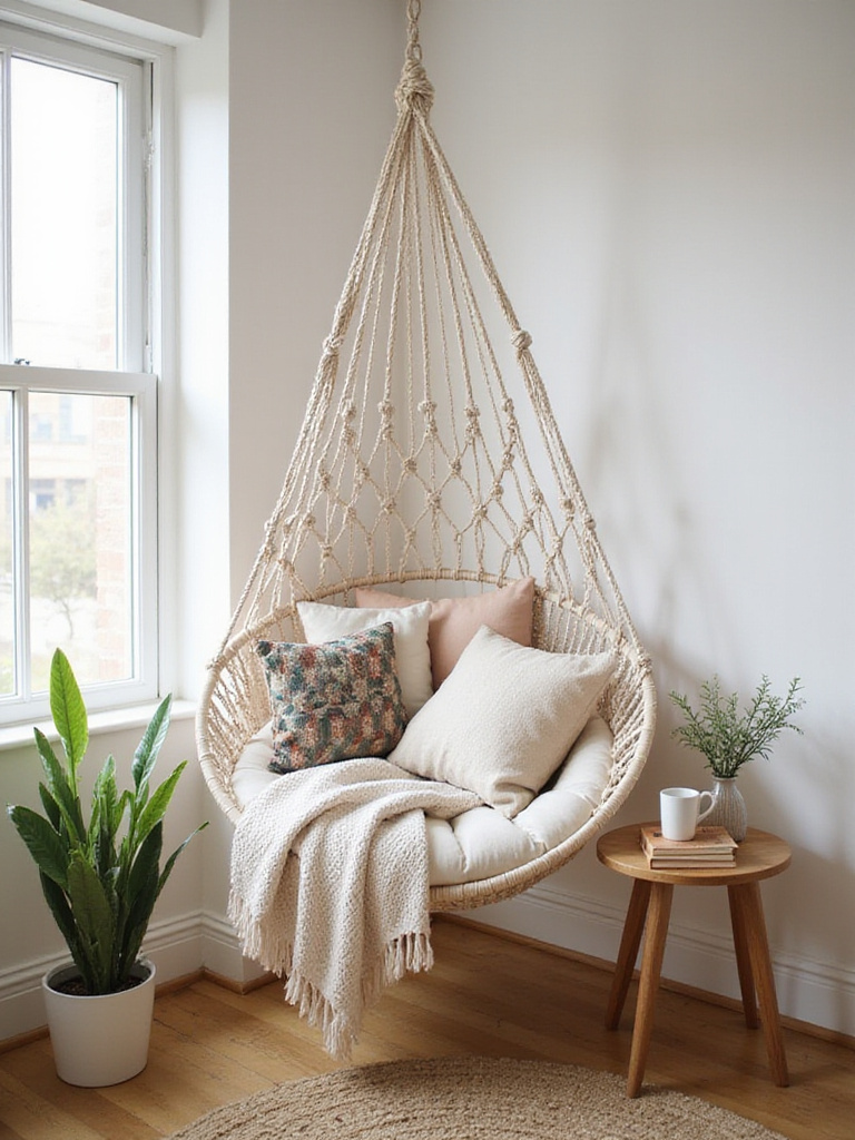 Boho bedroom with macrame hanging chair creating a cozy reading nook