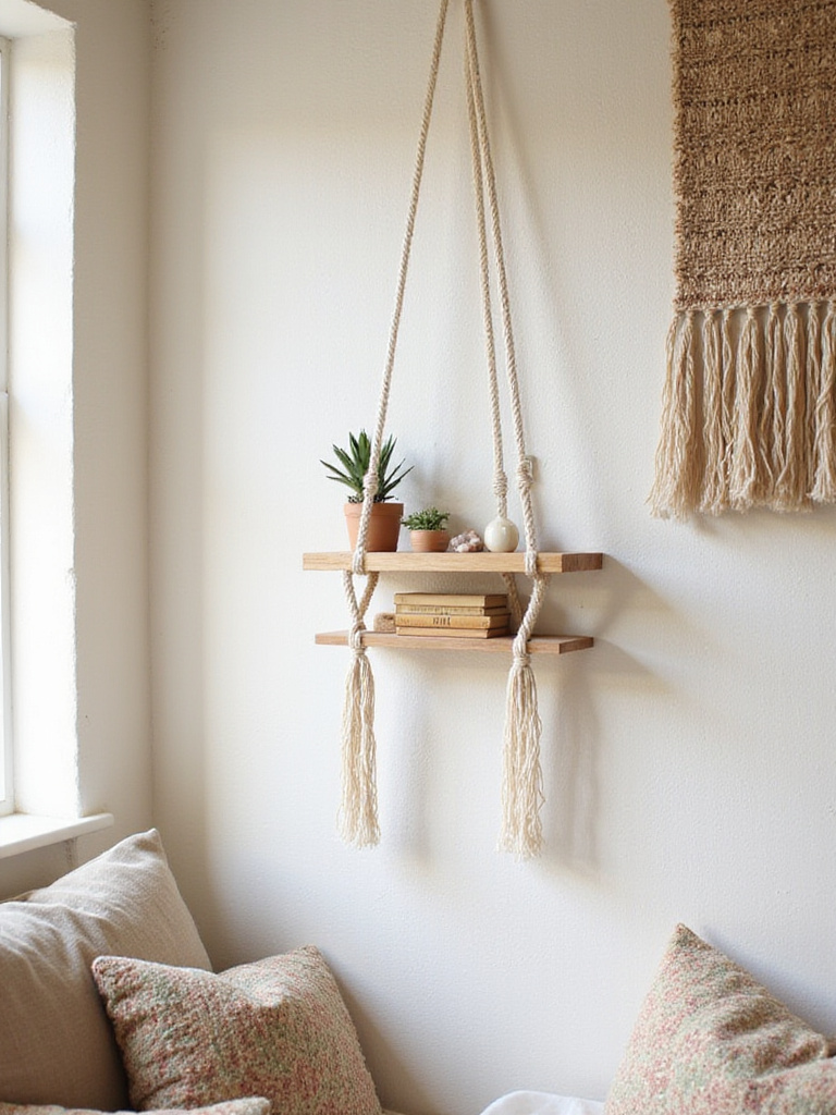 Macrame hanging shelf displaying succulents, crystals, and books in a boho bedroom