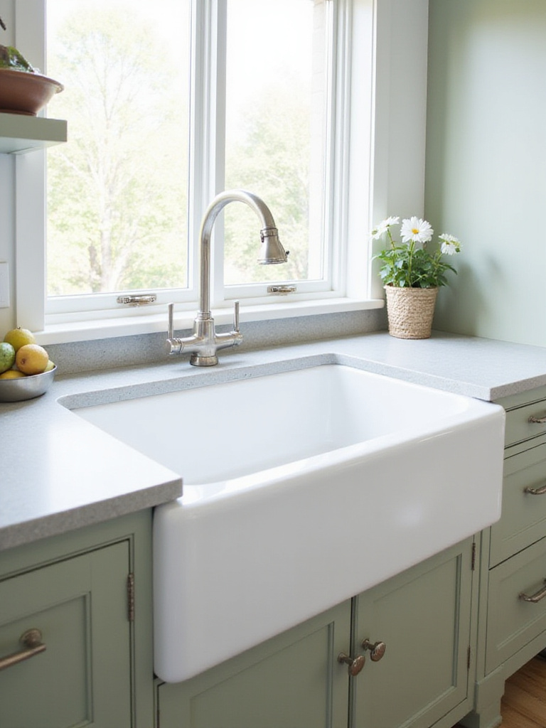 Large white farmhouse sink in a modern farmhouse kitchen