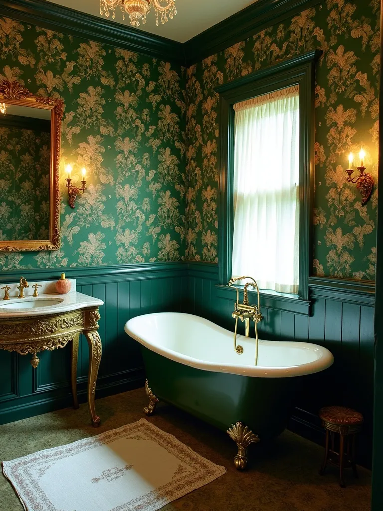 Vintage bathroom with bold emerald green floral wallpaper and gold accents.