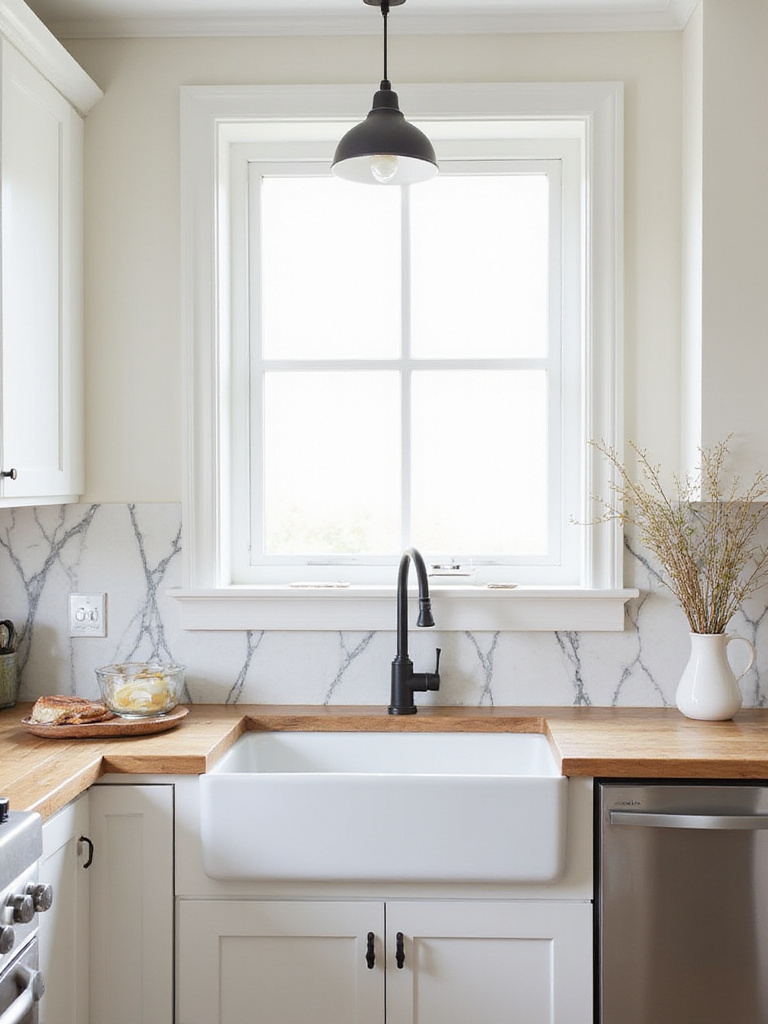 Farmhouse kitchen with elegant Calacatta marble backsplash