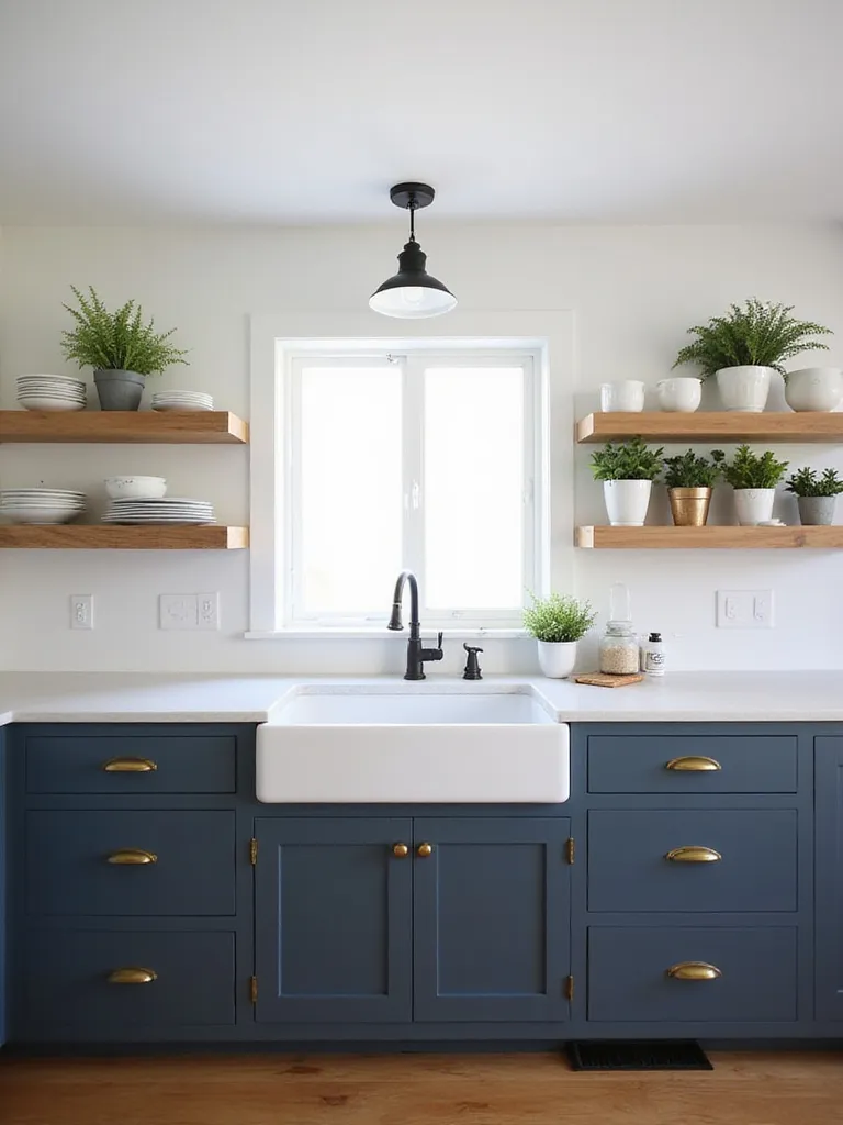 Modern farmhouse kitchen with blue shaker cabinets, open wooden shelving, and light quartz countertops.