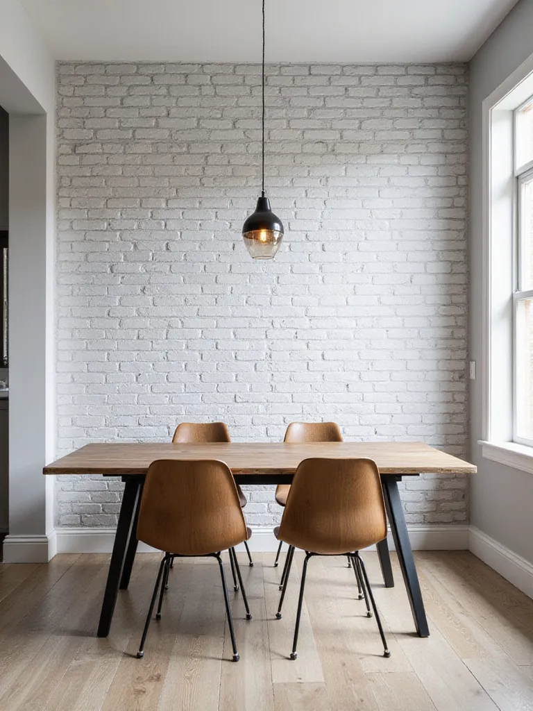 Modern farmhouse dining room with light grey brick effect wallpaper accent wall