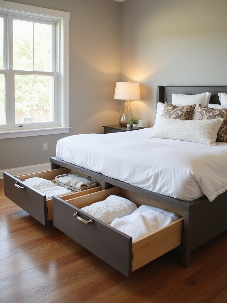 Modern bedroom with a queen-sized platform storage bed featuring pull-out drawers, maximizing space and organization.