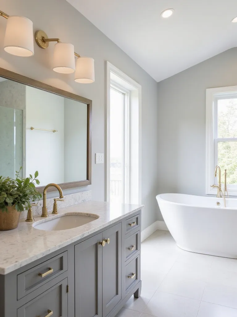 Modern luxury bathroom with brushed gold faucets and hardware on a light marble vanity.