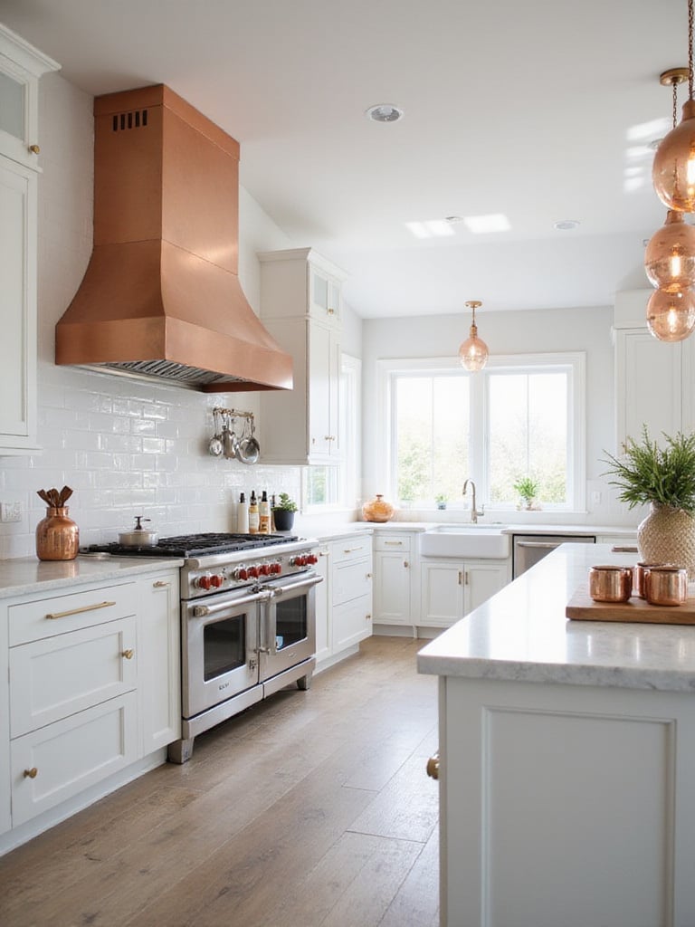 Modern white kitchen with copper range hood, pendant lights, and countertop accents.
