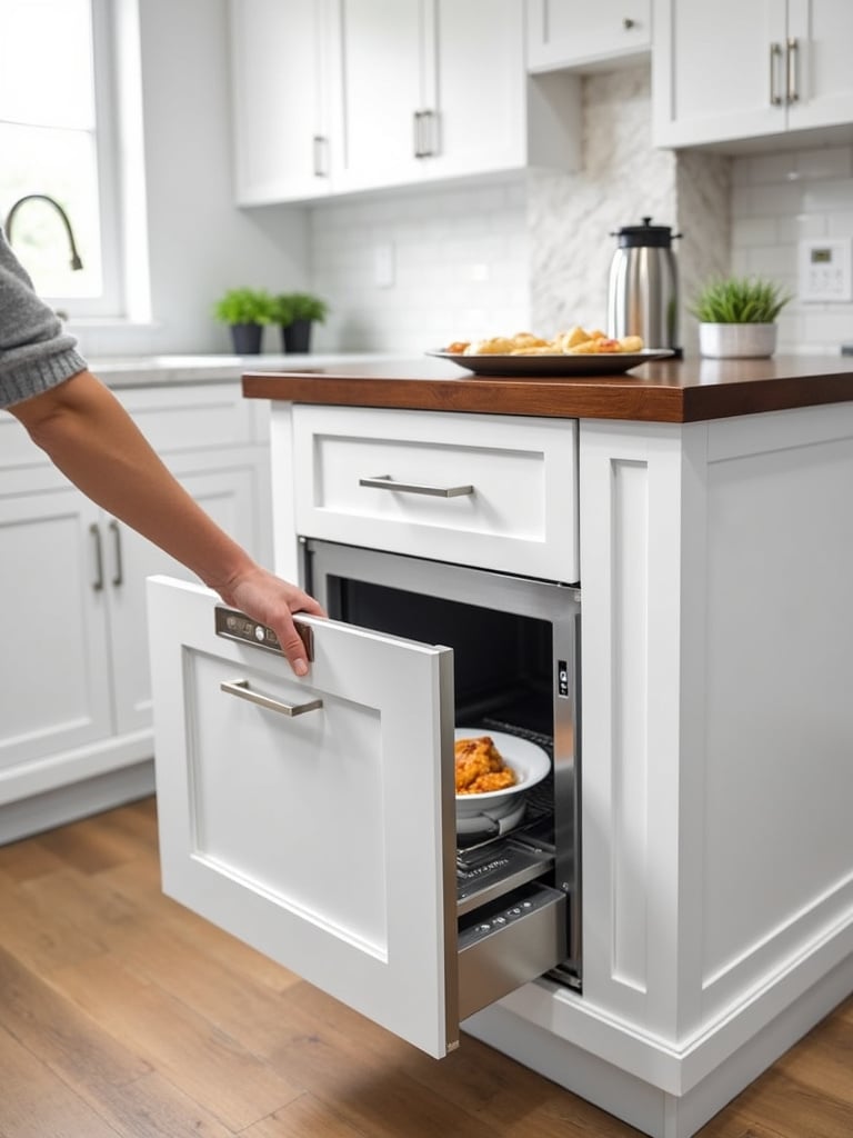 Small kitchen island with integrated microwave drawer for space saving