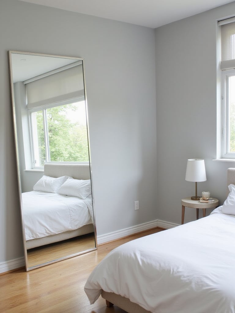Small bedroom with a large mirror reflecting light and creating a spacious feel.