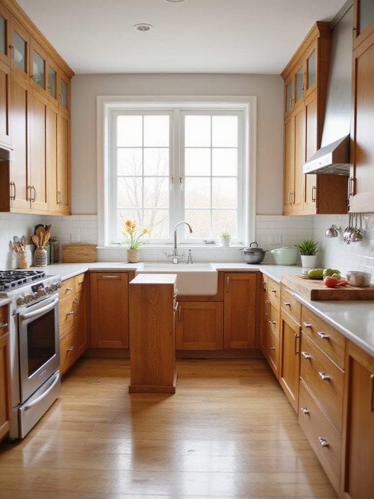 Warm wood cabinets and butcher block island create a natural and inviting kitchen space