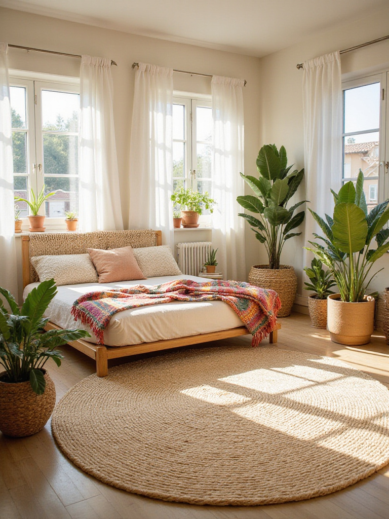 Boho bedroom with a natural jute area rug, platform bed, and macrame headboard