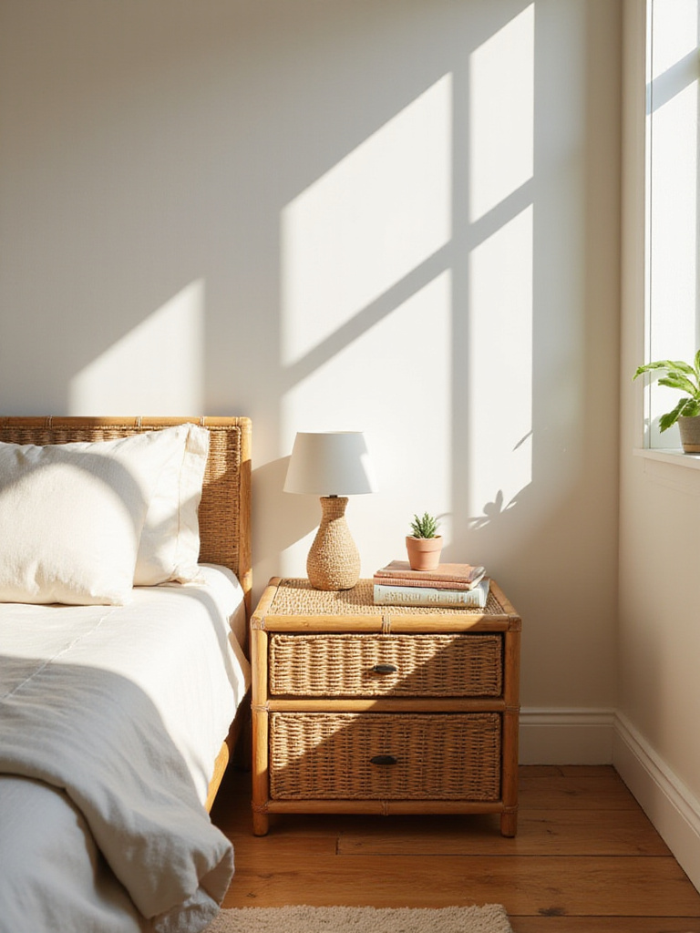 Boho bedroom with natural rattan nightstand, textured lamp, and soft linens.