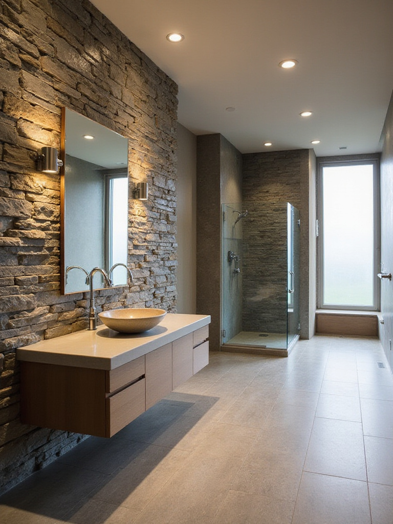 Luxury bathroom featuring a natural slate stone accent wall