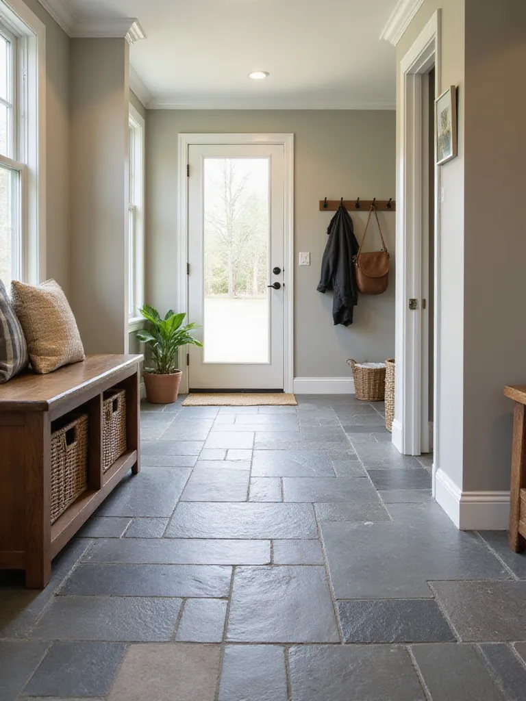 Mudroom with natural slate tile flooring in varying shades of gray.